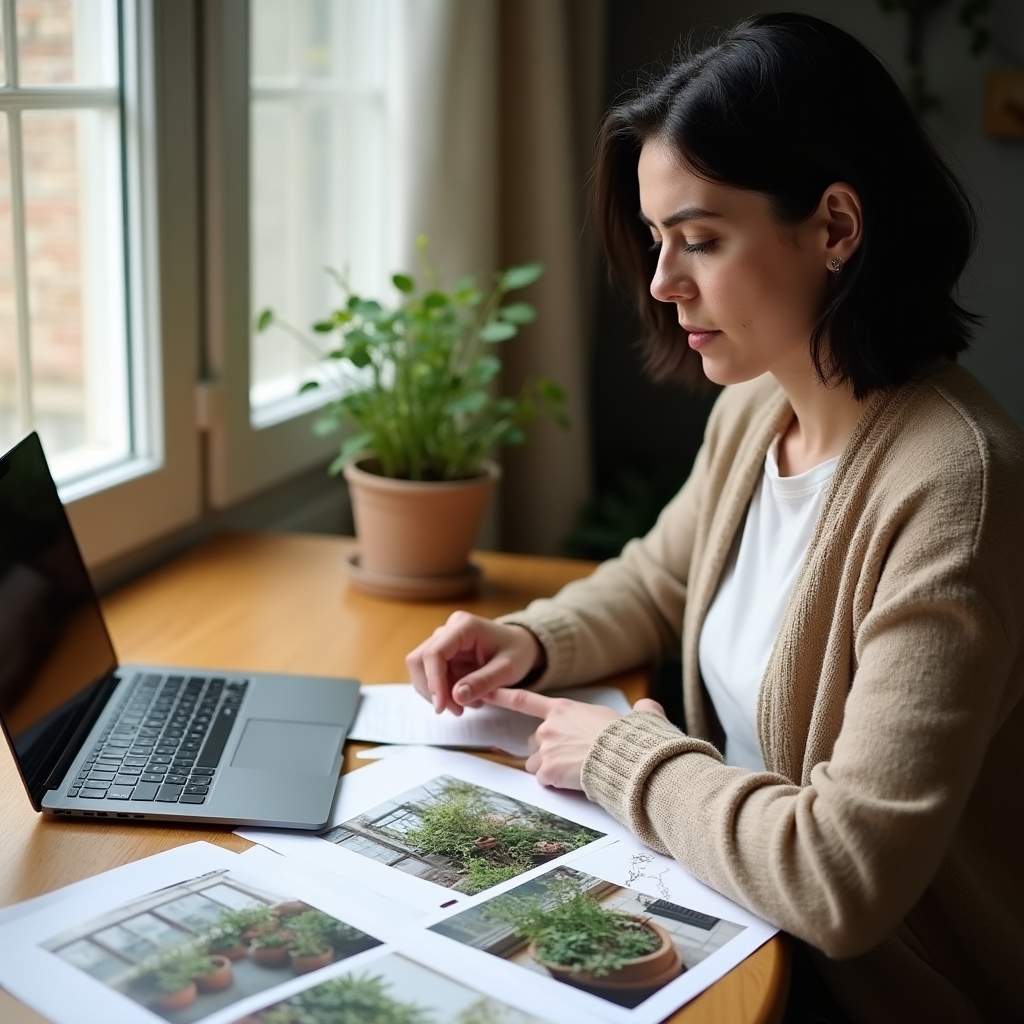 Persona revisando notas y fotografías de huertas de balcón sobre un escritorio de trabajo